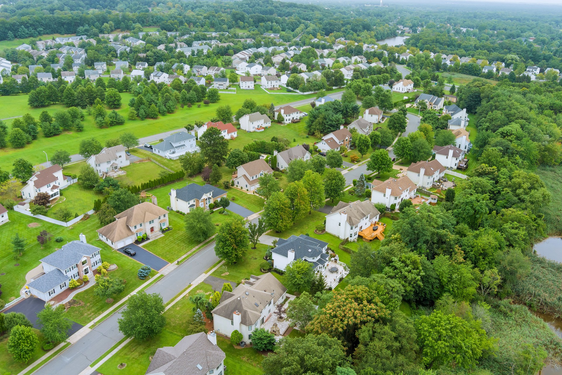 Aerial view modern residential district in American town, residential neighborhood in Woodbridge NJ